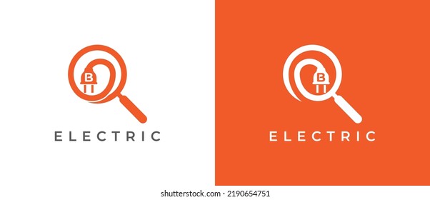 Búsqueda por enchufe Eléctrico Símbolo del icono Concepto Diseño Estilo de línea de arte con letra B. Electricidad, Electricidad, Logotipo del buscador de energía. Plantilla de logotipo de ilustración de vector