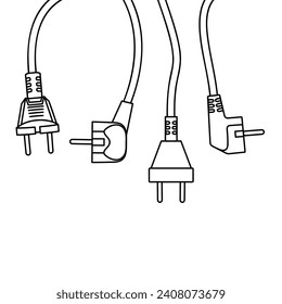 Electric plug set - hand drawn black and white vector illustration.