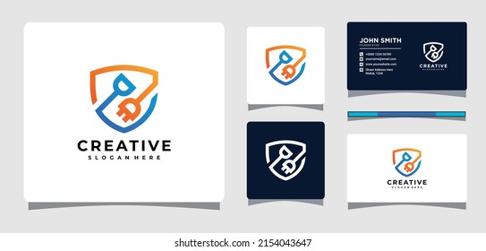 Electric Plug Shield Logo Template With Business Card Design Inspiration