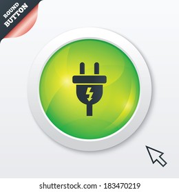 Electric plug sign icon. Power energy symbol. Lightning sign. Green shiny button. Modern UI website button with mouse cursor pointer. Vector