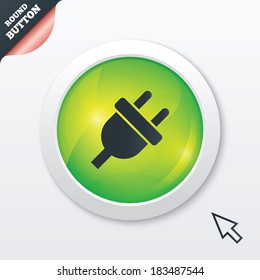 Electric plug sign icon. Power energy symbol. Green shiny button. Modern UI website button with mouse cursor pointer. Vector