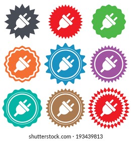 Electric plug sign icon. Power energy symbol. Stars stickers. Certificate emblem labels. Vector