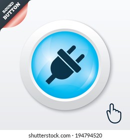 Electric plug sign icon. Power energy symbol. Blue shiny button. Modern UI website button with hand cursor pointer. Vector