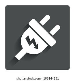 Electric plug sign icon. Power energy symbol. Lightning sign. Gray flat button with shadow. Modern UI website navigation. Vector