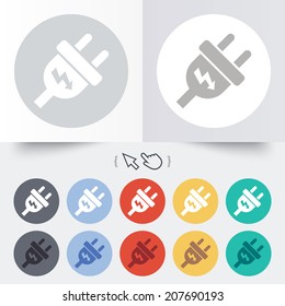 Electric plug sign icon. Power energy symbol. Lightning sign. Round 12 circle buttons. Shadow. Hand cursor pointer. Vector