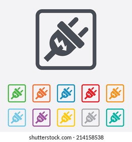 Electric plug sign icon. Power energy symbol. Lightning sign. Round squares buttons with frame. Vector