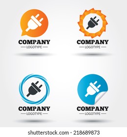 Electric plug sign icon. Power energy symbol. Business abstract circle logos. Icon in speech bubble, wreath. Vector