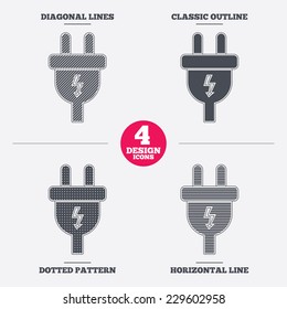 Electric plug sign icon. Power energy symbol. Lightning sign. Diagonal and horizontal lines, classic outline, dotted texture. Pattern design icons.  Vector