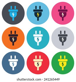 Electric plug sign icon. Power energy symbol. Lightning sign. Colored round buttons. Flat design circle icons set. Vector