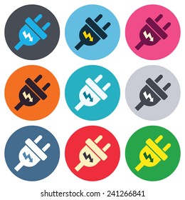 Electric plug sign icon. Power energy symbol. Lightning sign. Colored round buttons. Flat design circle icons set. Vector