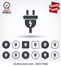 Electric plug sign icon. Power energy symbol. Lightning sign. Circle, star, speech bubble and square buttons. Award medal with check mark. Thank you ribbon. Vector
