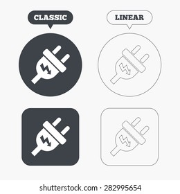 Electric plug sign icon. Power energy symbol. Lightning sign. Classic and line web buttons. Circles and squares. Vector