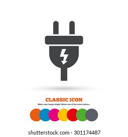 Electric plug sign icon. Power energy symbol. Lightning sign. Classic flat icon. Colored circles. Vector