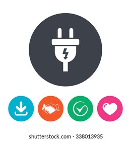 Electric plug sign icon. Power energy symbol. Lightning sign. Download arrow, handshake, tick and heart. Flat circle buttons.