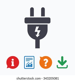 Electric plug sign icon. Power energy symbol. Lightning sign. Information think bubble, question mark, download and report.