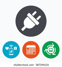 Electric plug sign icon. Power energy symbol. Mobile payments, calendar and wifi icons. Bus shuttle.