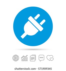 Electric plug sign icon. Power energy symbol. Copy files, chat speech bubble and chart web icons. Vector