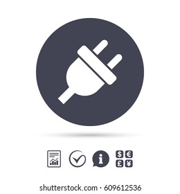Electric plug sign icon. Power energy symbol. Report document, information and check tick icons. Currency exchange. Vector