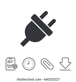 Electric plug sign icon. Power energy symbol. Report, Time and Download line signs. Paper Clip linear icon. Vector