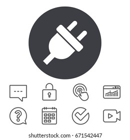 Electric plug sign icon. Power energy symbol. Calendar, Locker and Speech bubble line signs. Video camera, Statistics and Question icons. Vector