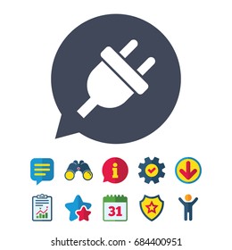 Electric plug sign icon. Power energy symbol. Information, Report and Speech bubble signs. Binoculars, Service and Download, Stars icons. Vector