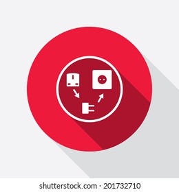 Electric plug sign. Power energy symbol. Round red circle flat icon with long shadow. Vector