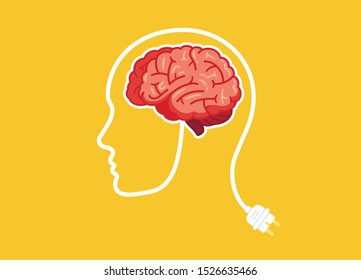 Electric Plug. Silhouette head with brain. Flat style vector illustration isolated on white background.