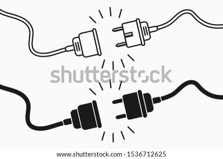 Electric plug and socket. 404 error concept, set of flat and line design elements for disconnect web page. Unplugged electric plug with wire cable and socket illustration. Vector.