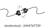 Electric plug socket connect disconnect cable wire icon simple graphic illustration, idea of error failure 404 web page black white, electricity energy power cut, circuit network stop working image