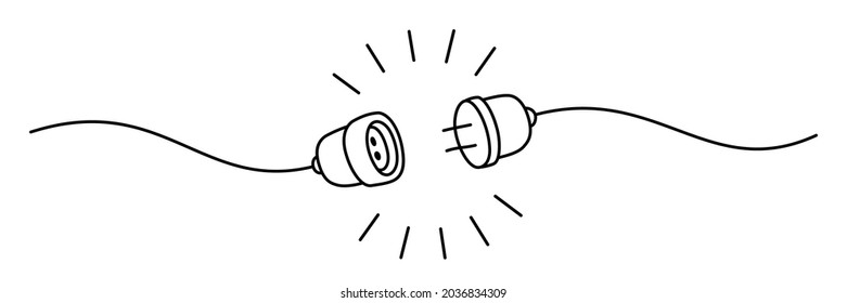 Electric plug and socket connection unplugged. Hand drawn doodle with thin line. Vector illustration isolated on white background
