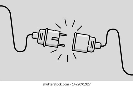 Electric plug and socket disconnect. Concept of 404 error connection. Electric plug and outlet socket unplugged flat icon for page.Circuit of plug connect off.Wire, cable of energy disconnect. vector