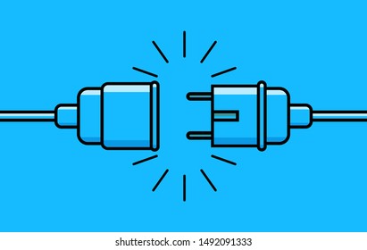 Electric plug and socket disconnect. Concept of 404 error connection. Electric plug and outlet socket unplugged flat icon for page.Circuit of plug connect off.Wire, cable of energy disconnect. vector