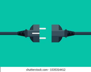 Electric plug and socket disconnect. Concept of 404 error connection. Electric plug icon and outlet socket unplugged, flat page.Circuit of plug connect off. Wire, cable of energy disconnect. vector 