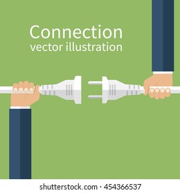 Electric Plug And Socket In Hands Of Two Men Making The Connection, Disconnection. Vector Illustration Flat Design. Abstract Concept Isolated On The Background.