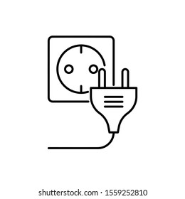 Electric plug socket icon. Concept of power supply. Outline thin line flat illustration. Isolated on white background. 