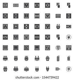 Electric plug and socket vector icons set, modern solid symbol collection, filled style pictogram pack. Signs, logo illustration. Set includes icons as power switch type, electrical socket, toggle