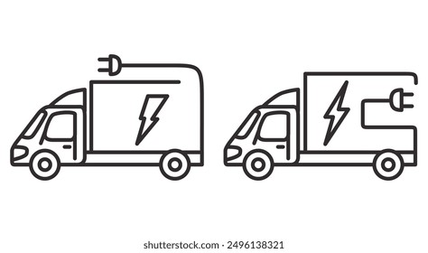 Enchufe eléctrico en el icono del camión. Camión eléctrico. Energía ecológica. Estación de llenado móvil. Transporte de vehículos de energía ecológica. Carga de energía del vehículo eléctrico. Envío y logística del automóvil de carga. Vector de contorno.