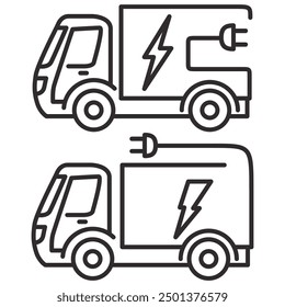 Enchufe eléctrico en el icono del camión. Camión eléctrico. Energía ecológica. Estación de llenado móvil. Transporte de vehículos de energía ecológica. Carga de energía del vehículo eléctrico. Envío y logística del automóvil de carga. Vector de contorno.