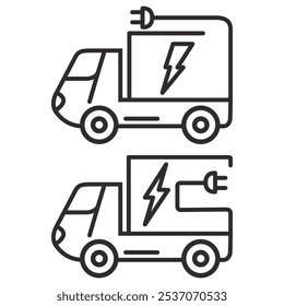 Electric plug in truck icon.Electric truck.Eco power.Green energy.Mobile filling station.Eco power vehicle transport.Electric vehicle power charging.Cargo car shipping and logistics.Outline vector.