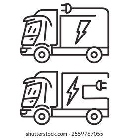 Electric plug in truck icon.Electric truck.Eco power.Green energy.Mobile filling station.Eco power vehicle transport.Electric vehicle power charging.Cargo car shipping and logistics.Outline vector.