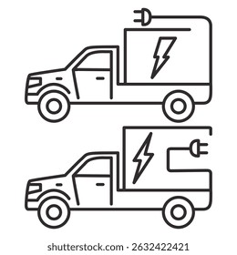 Electric plug in truck icon.Electric truck.Eco power.Green energy.Mobile filling station.Eco power vehicle transport.Electric vehicle power charging.Cargo car shipping and logistics.Outline vector.