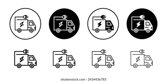 Colección de conjunto de iconos vectoriales de camión enchufable eléctrico. Icono plano de contorno de camión con enchufe eléctrico.