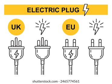 Electric plug UK EU electrical socket, British European outlet power ac cable, electricity energy supply line icon. English Europe electrician adapter. Charger, electro device wire connection. Vector 