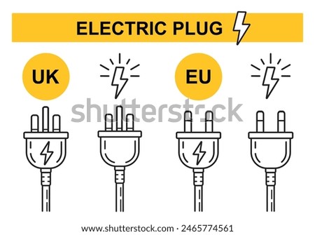 Electric plug UK EU electrical socket, British European outlet power ac cable, electricity energy supply line icon. English Europe electrician adapter. Charger, electro device wire connection. Vector 