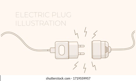 Electric plug. Vector flat outline illustration. Concept background plug and socket unplugged with lightning. Template for website technical page or web banner