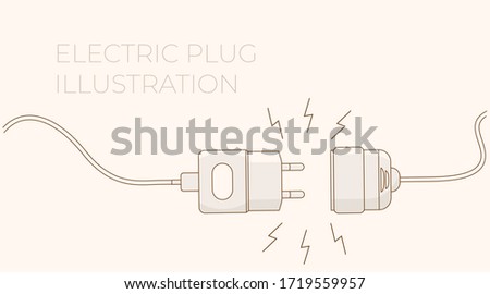 Electric plug. Vector flat outline illustration. Concept background plug and socket unplugged with lightning. Template for website technical page or web banner