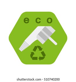 Electric plug vector hexagon icon with recycling sign on the green background.