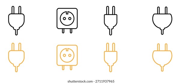 Iconos del enchufe eléctrico y del zócalo de pared fijados en estilo del contorno, Vector de la tecnología.
