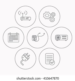 Electric plug, wi-fi router and projector icons. Music player linear sign. Check file, calendar and cogwheel icons. Vector
