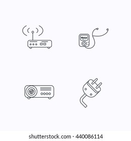 Electric plug, wi-fi router and projector icons. Music player linear sign. Flat linear icons on white background. Vector